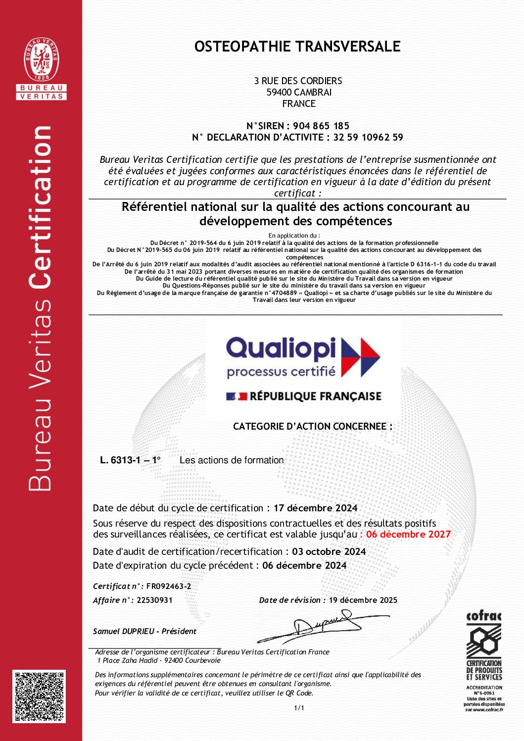 Certificat Qualiopi d’Ostéopathie Transversale